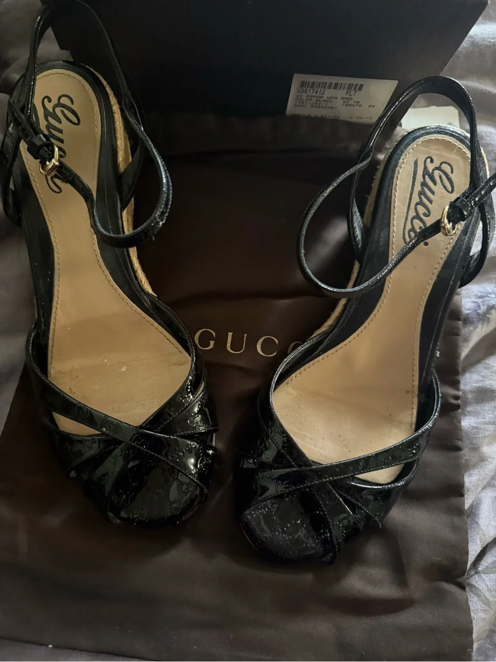 Gucci Black Patent Leather Women's Slingback Sandals espadrilles